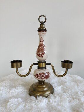 Stunning Vintage Two Arm Candelabra Porcelain & Brass Floral Candleholder